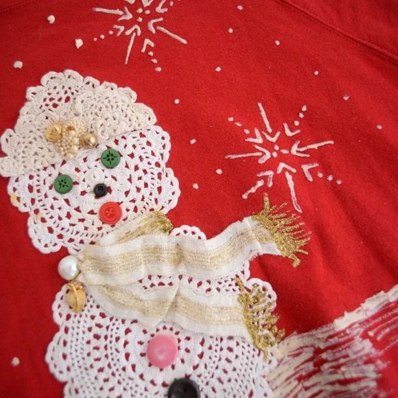 Vintage Jerzees Red Snowman Lace & Buttons &  Snowflakes Crewneck Sweater 2X - Picture 9 of 14